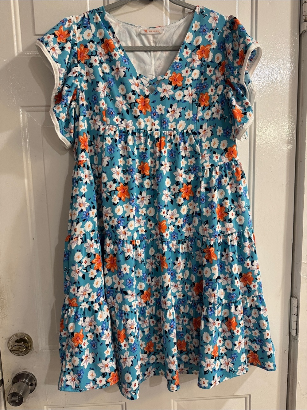 Girls' V-Neck Tiered Floral Dress in Aqua & Orange